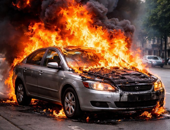 सड़क किनारे खड़ी कार में लगी भीषण आग, मचा हड़कंप.