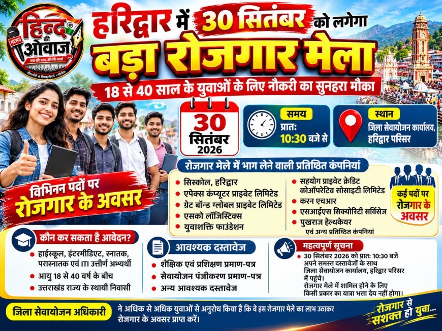 हरिद्वार में 30 सितंबर को लगेगा मेगा रोजगार मेला, 18 से 40 साल के युवाओं को नौकरी का बड़ा मौका